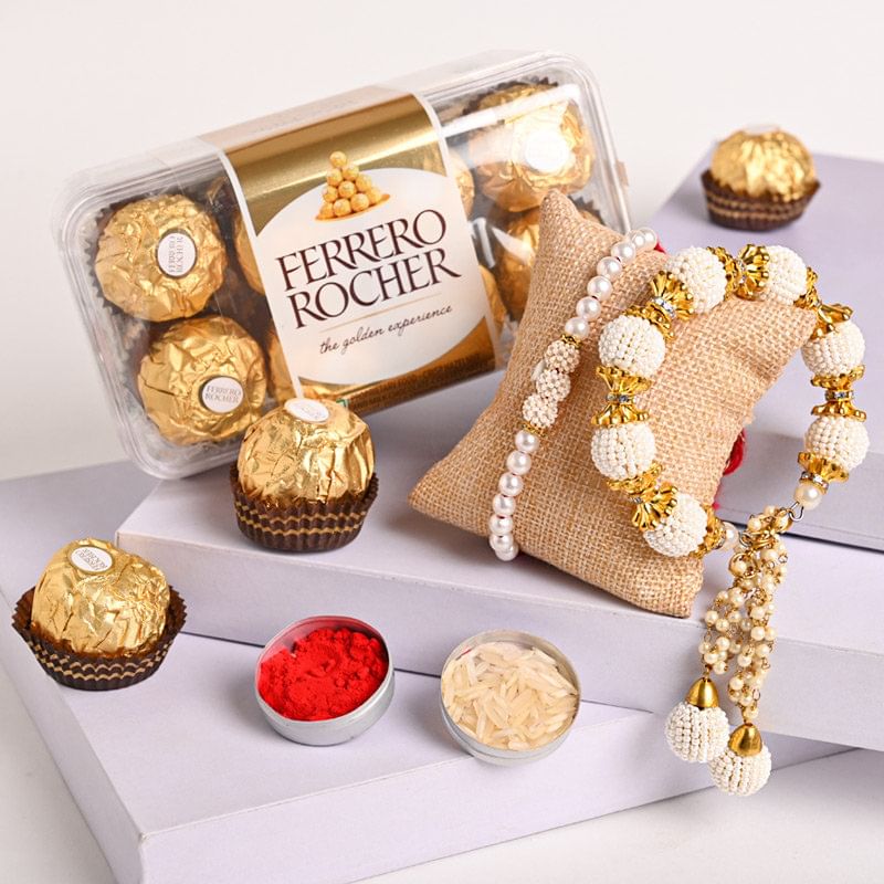 Pearly Couple Rakhi With Rocher- Send Rakhi with Chocolate to UK