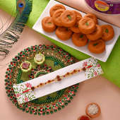 Peda With Traditional Thali N Rudraksh Beads Rakhi