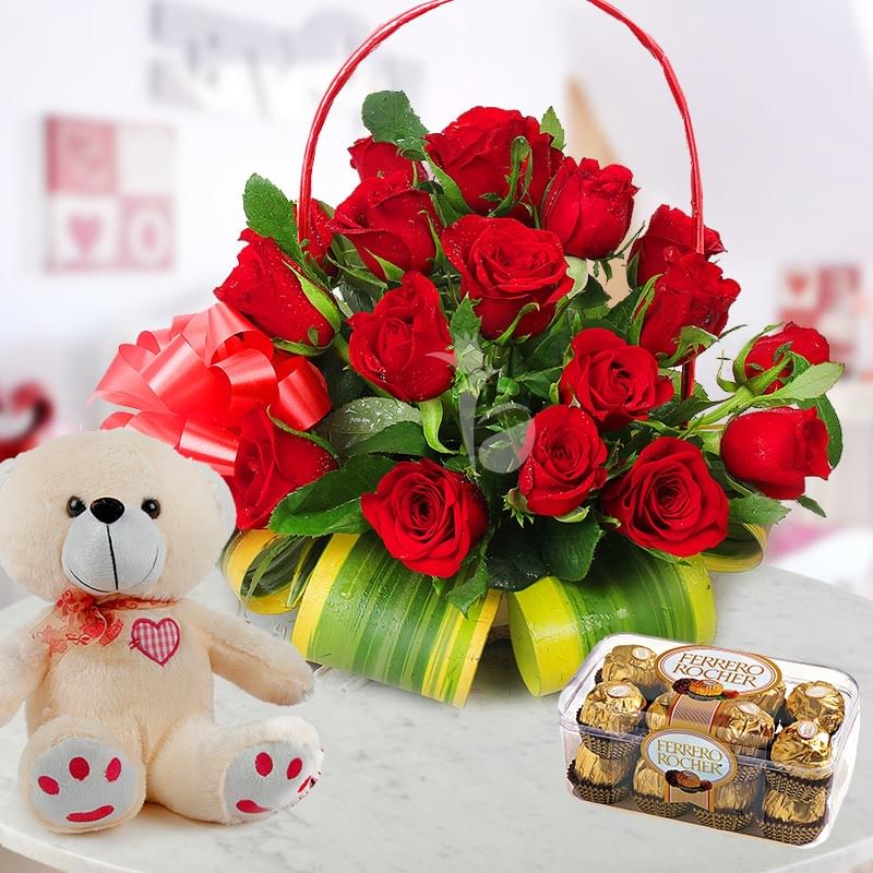 24 Red Roses in Love Basket with a Pack of 16 Ferrero Rochers and 12 Inch Teddy