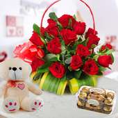 24 Red Roses in Love Basket with a Pack of 16 Ferrero Rochers and 12 Inch Teddy