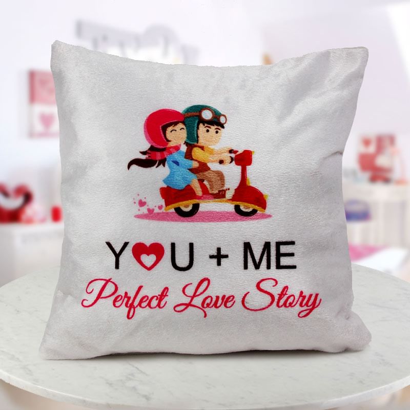 A 12x12 "YOU AND ME perfect love story" quoted cushion