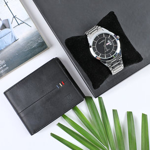 Watch N Wallet Combo -silver chain and dial watch with elegant black wallet