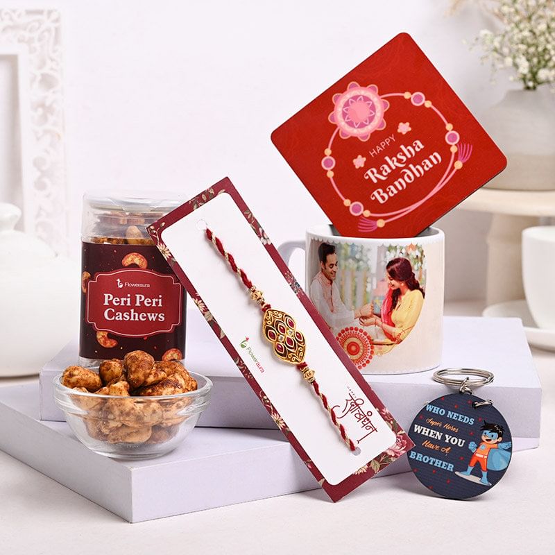 Send Peri Kaju N Mug Coaster With Rakhi N Key Chain in India - Personalised Rakhi Online