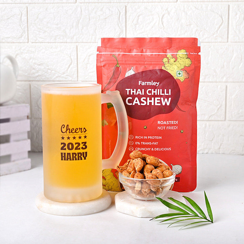 Personalised Beer Mug n Cashew Combo, New Year Gift Delivery