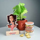 Personalised Caricature With Money Plant N Choco Almonds