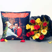 Personalised Cushion and Roses Bouquet