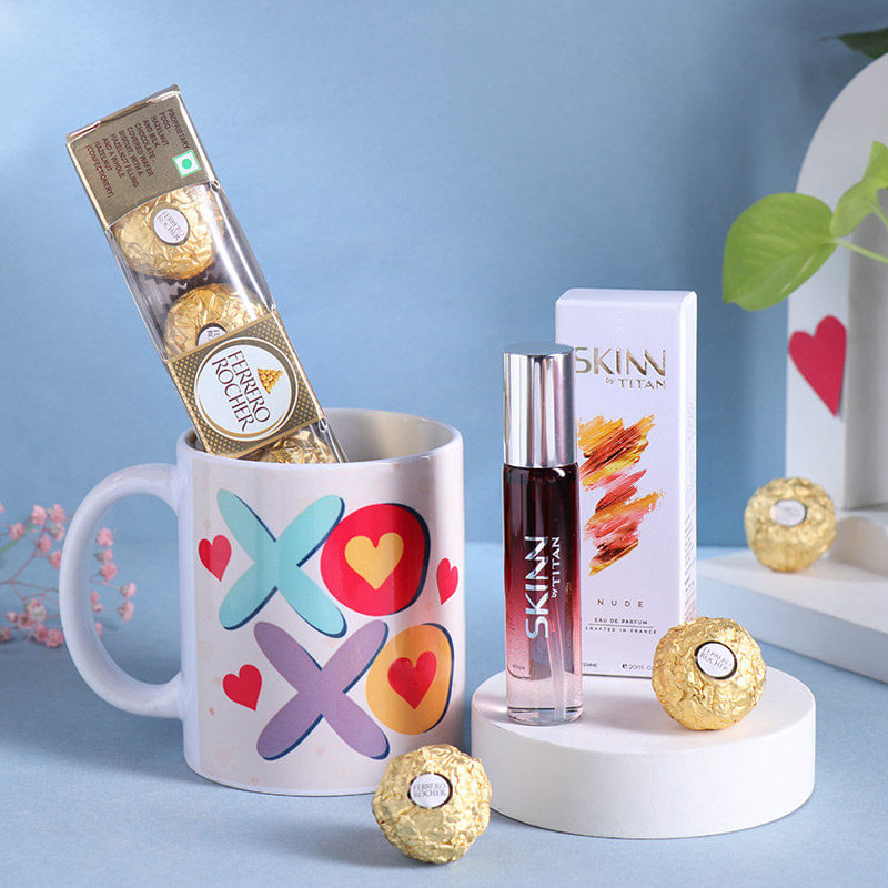 Personalised Mug With Ferrero Rocher Chocolates N Skinn Perfume combo 