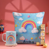 Personalised Rainbow Cushion N Mug With Chocolates