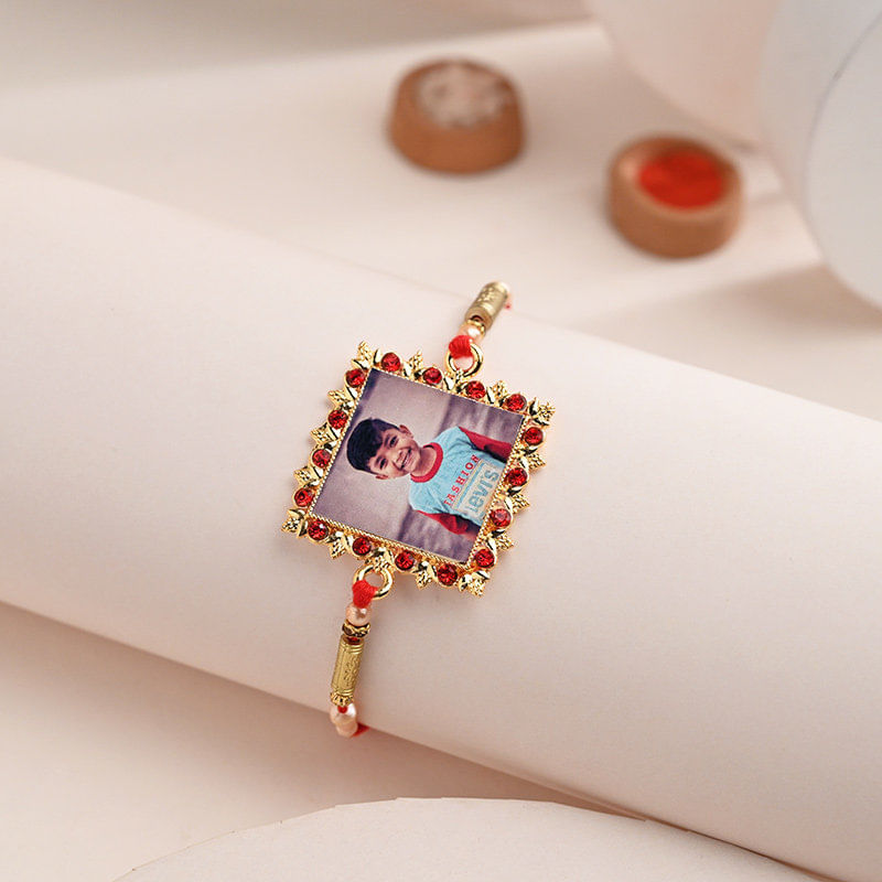 Personalised Red Stone Studded Golden Rakhi