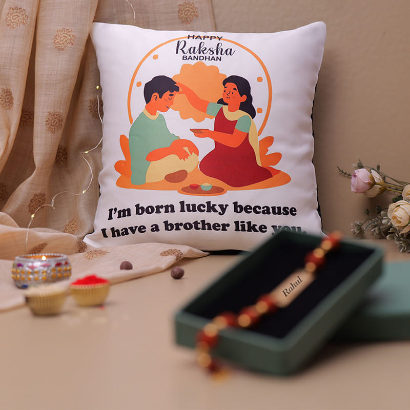Personalised Rudraksha Rakhi With Bestie Cushion