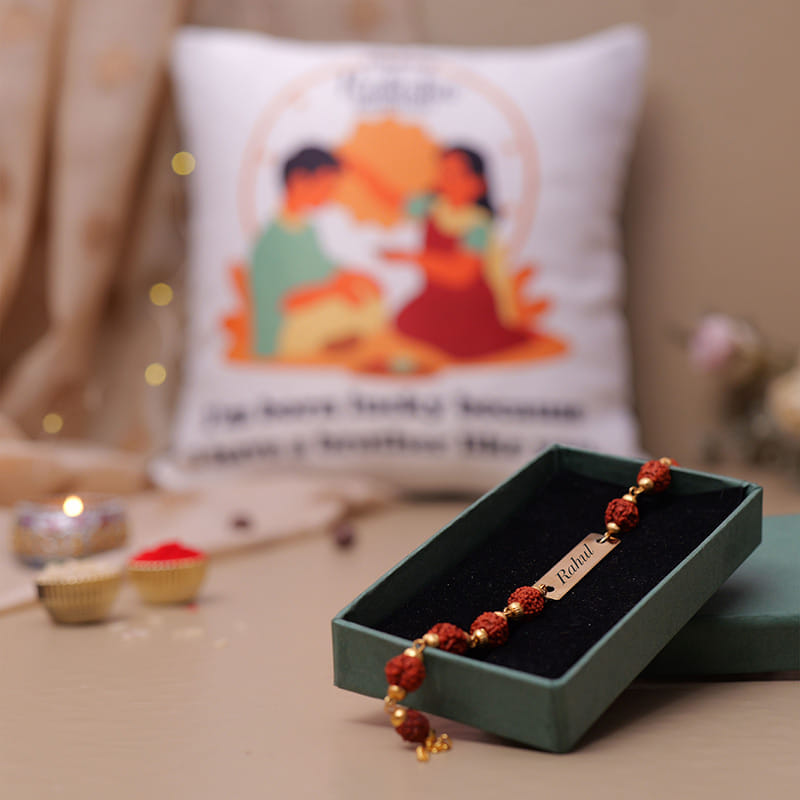 Personalised Rudraksha Rakhi With Bestie Cushion
