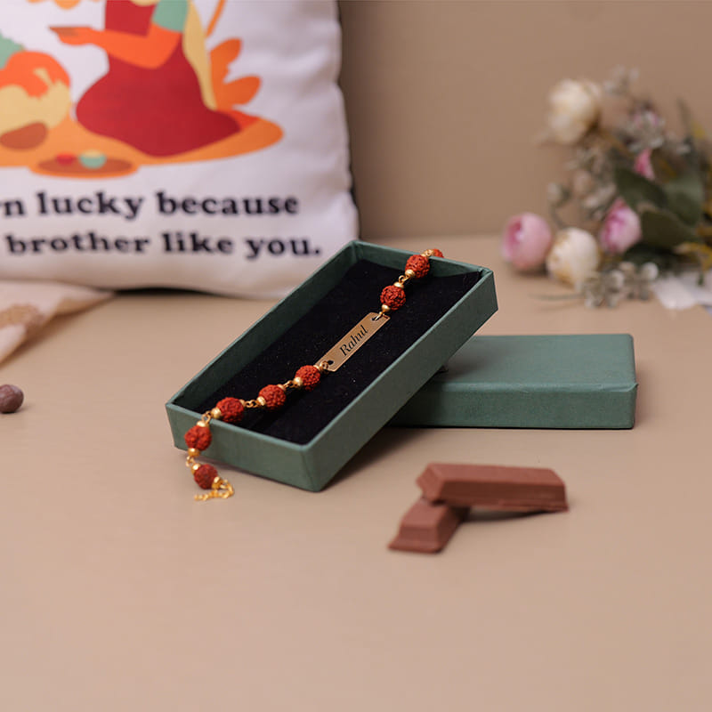 Personalised Rudraksha Rakhi With Bestie Cushion