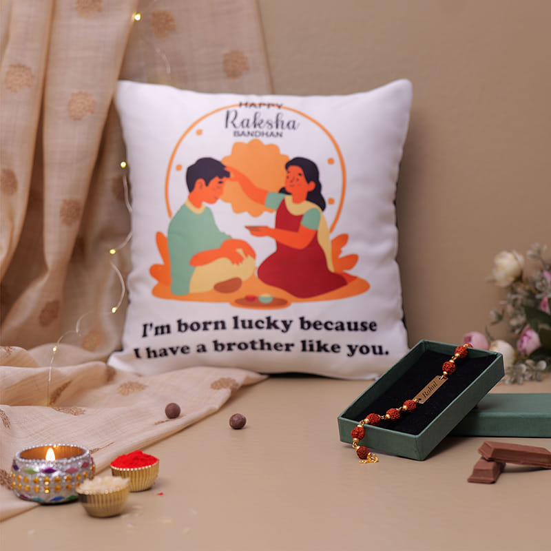 Personalised Rudraksha Rakhi With Bestie Cushion
