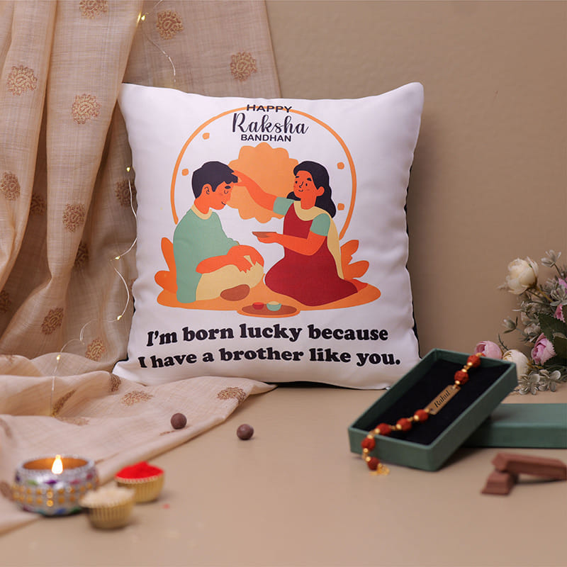 Personalised Rudraksha Rakhi With Bestie Cushion