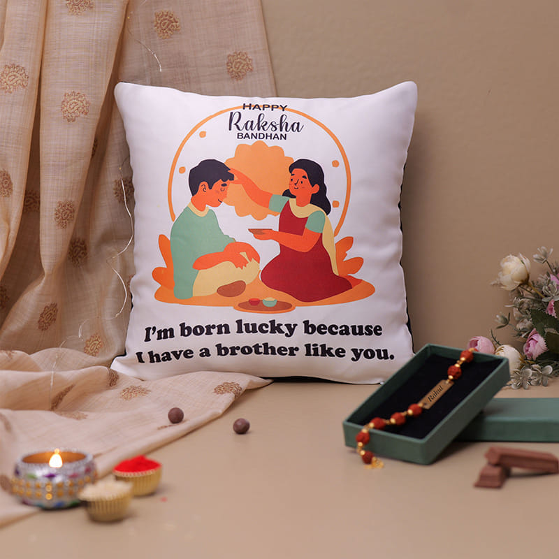 Personalised Rudraksha Rakhi With Bestie Cushion