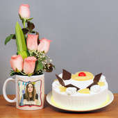 One Personalised Ceramic Mugwith 5 Pink Roses and 500gm Pineapple Cake