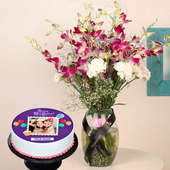 Photo Bday Cake Orchid Vase Combo