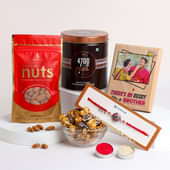 Photo Wooden Plank With Rakhi Gourmet Choco Popcorn N Nuts