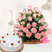 Pineapple Blush Combo - 30 Pink Roses in a Basket with 1 Kg Pineapple Cake