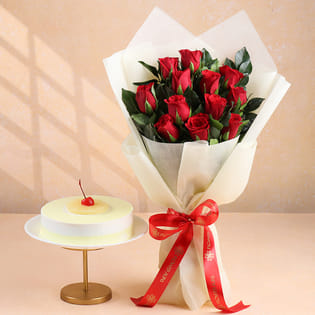 Pineapple Cake N Rose Bouquet Combo