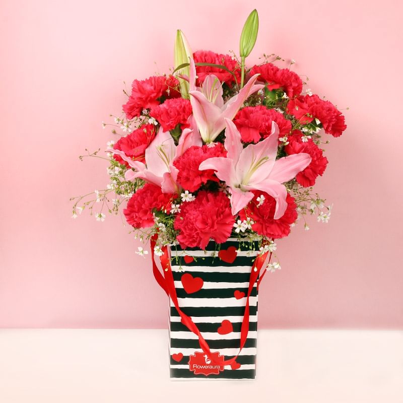 Carnations and Lilies Bunch in Mix Flower Box