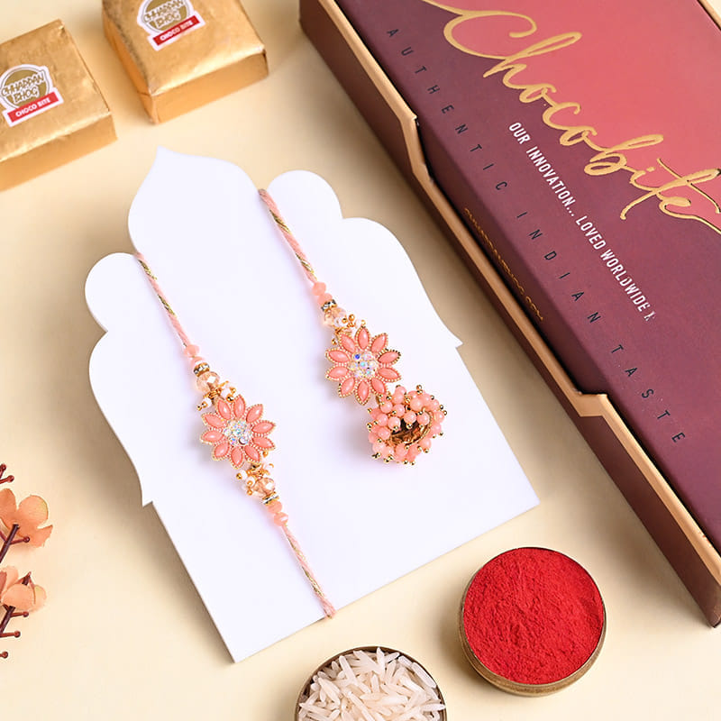Pink Floral Bhaiya Bhabhi Rakhi Set With Sweets