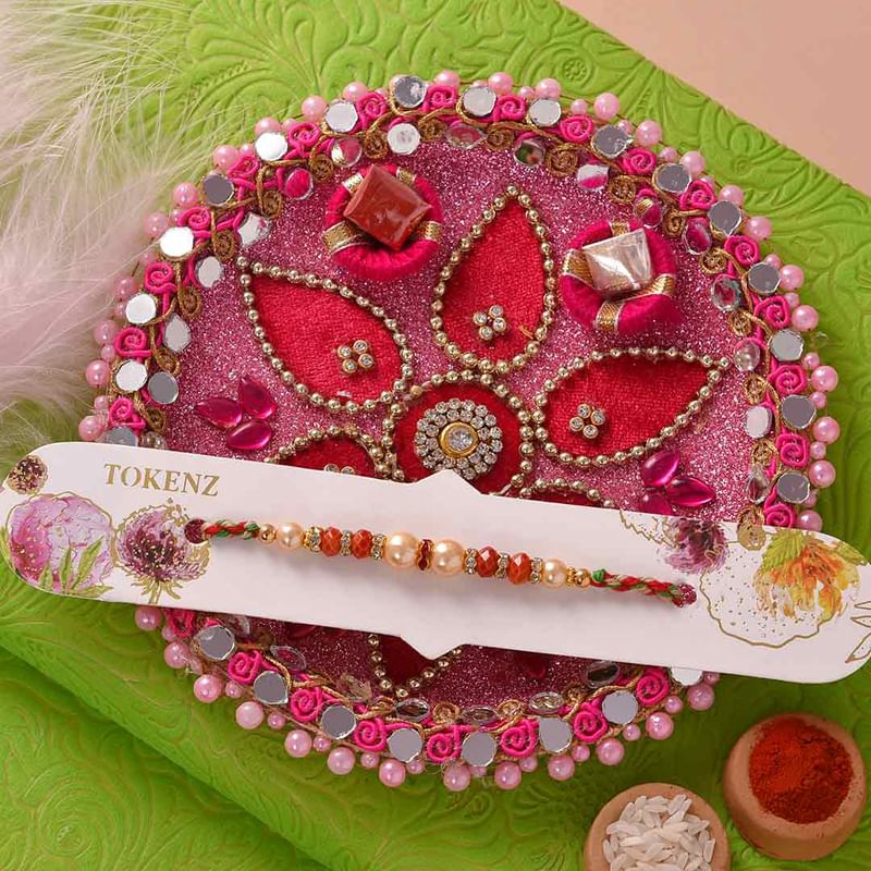 Pink Floral Decorative Thali With Pearl Rakhi