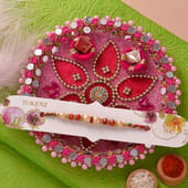 Pink Floral Decorative Thali With Pearl Rakhi