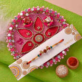 Pink Floral Decorative Thali With Rudraksh Rakhi