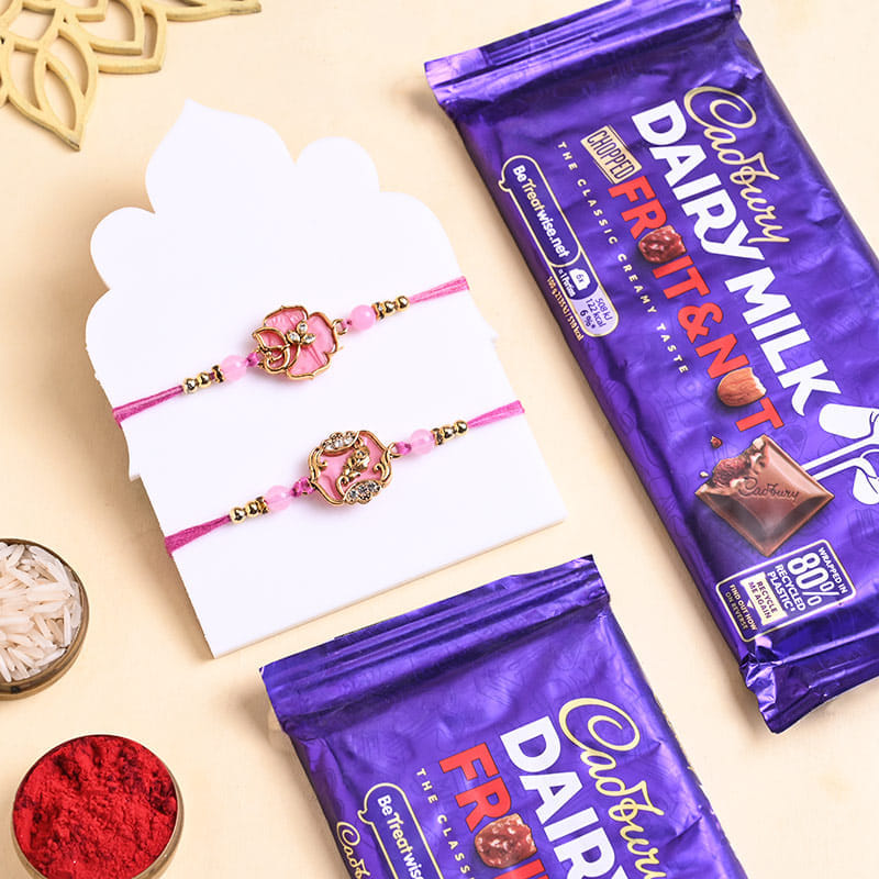 Pink Floral Rakhi Duo With Chocolates