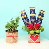 Pink Joy Sweetened Combo - Foliage Plant Indoors in Jute Wrapped Plastic Vase and 6 Dairy Milk Chocolates 13gm each with 2 Red Roses