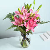 Pink Lilies In A Vase - Arrangement of 6 Pink Lilies in a Glass Vase