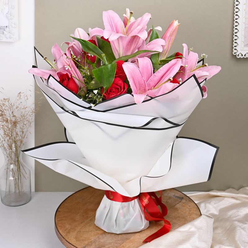Pink Lillies And Red Roses Bouquet