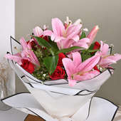 Pink Lillies And Red Roses Bouquet