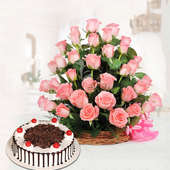 Pink Love Combo - 30 Pink Roses in a Basket with 1 Kg Black Forest Cake