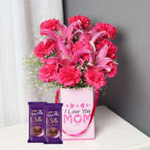 Pink Mom Flower Silk Combo - Bunch of 10 Pink Carnations with 2 Pink Lilies and Mom Flower Box and 2 Dairy Milk Silk