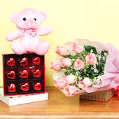 Combo of Pink Roses Bunch and Chocolates with Teddy