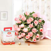 Sweet and Simple - Combo of 25 Pink Roses Bunch and 1 Kg Rasgullas