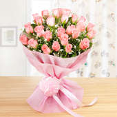 Front View of 25 Pink Roses Bunch - A Gift in Sweet and Simple
