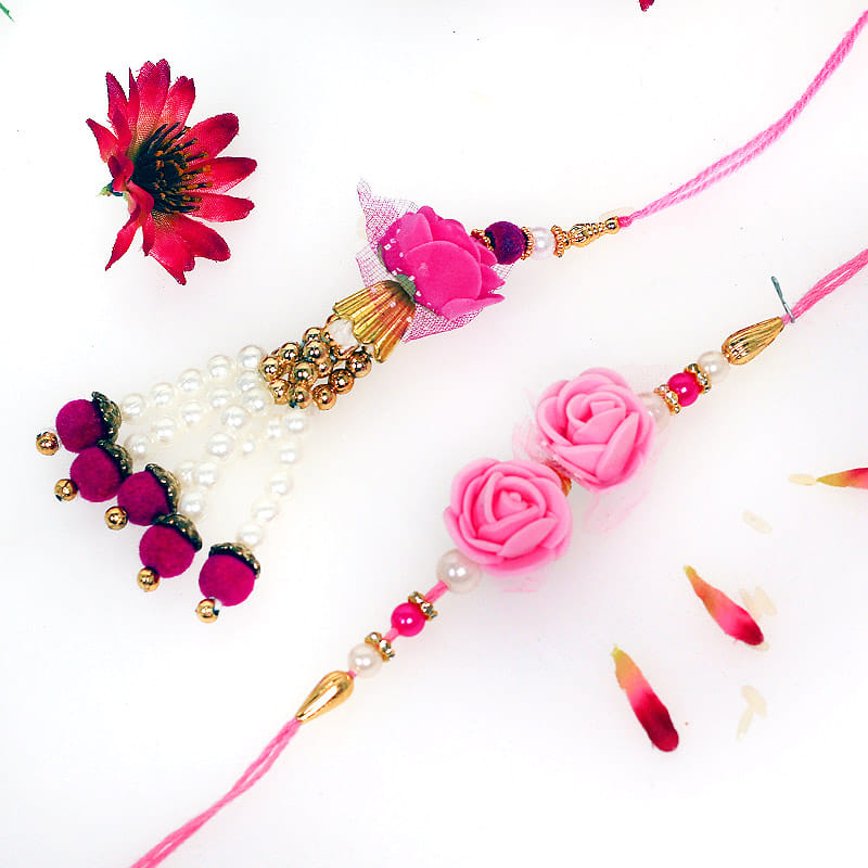 Pink Rose Bhaiya Bhabhi Rakhi - Bhaiya Bhabhi Rakhi Set and Complimentary Roli and Chawal