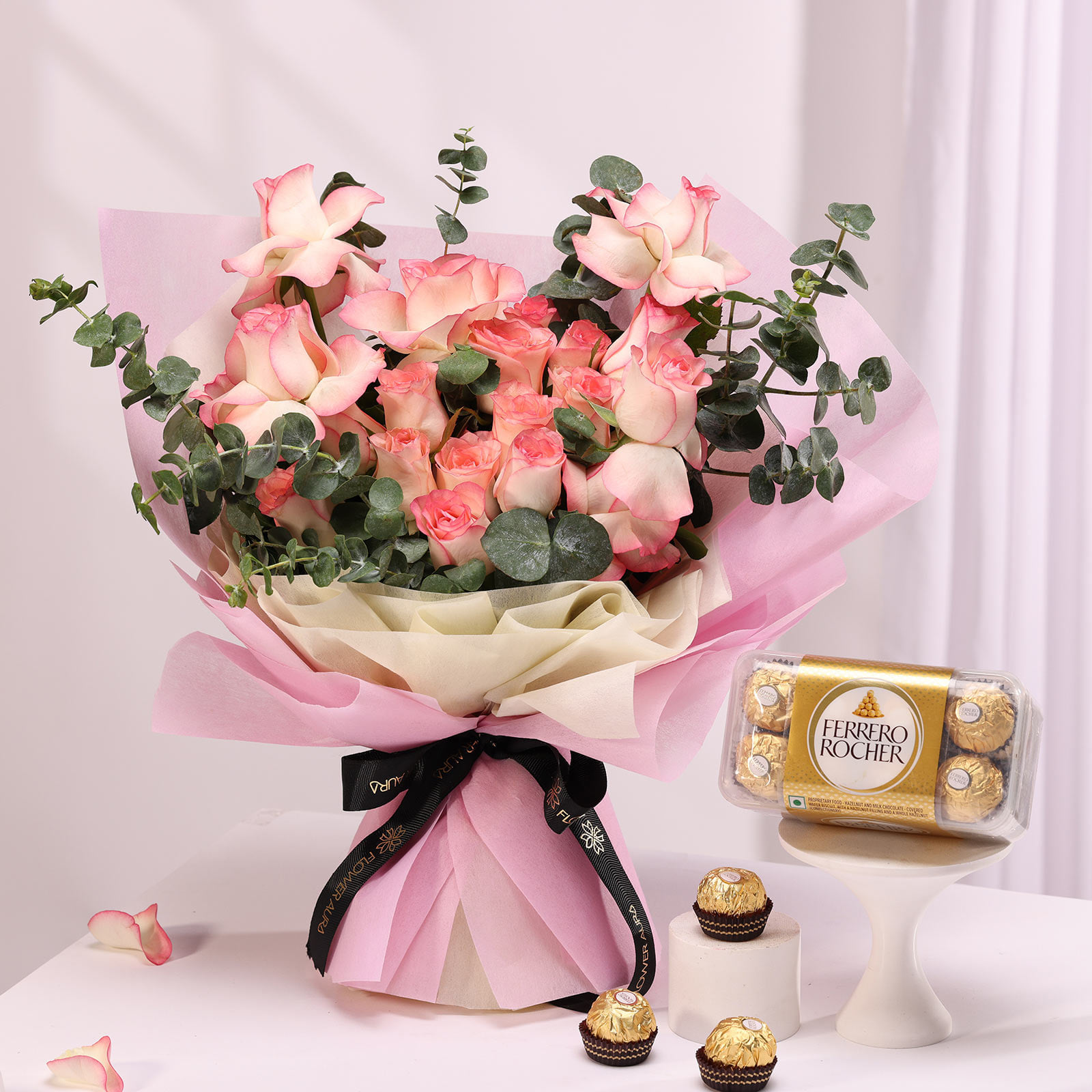Pink Rose Bouquet With Ferrero Rocher Chocolates