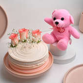 Pink Rose Cake With Pink Plush Teddy