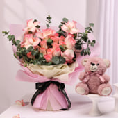 Pink Rose Dream Bouquet With Teddy