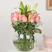 Pink Rose N Lily Glass Vase