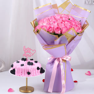 Pink Roses N Choco Hearts Cake Combo