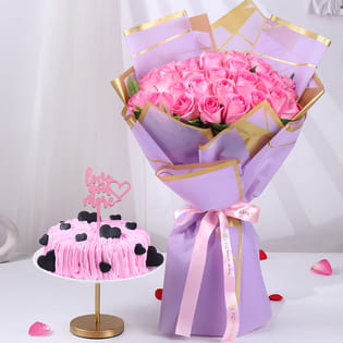 Pink Roses N Choco Hearts Cake Combo