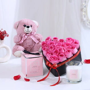 Pink Roses With Scented Candle N Teddy