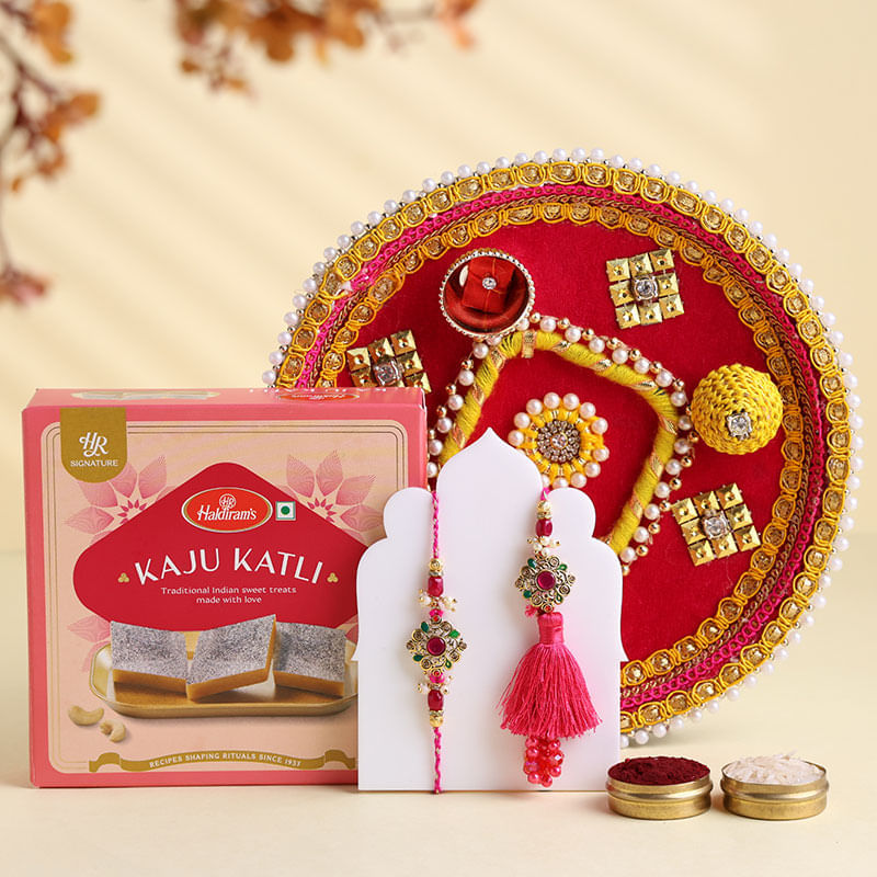 Pink Stone Bhai Bhabhi Rakhis With Thali N Sweets