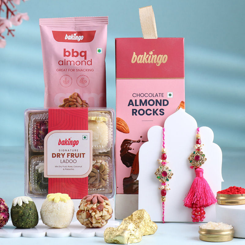 Pink Stones Bhaiya Bhabhi Rakhis With Treats