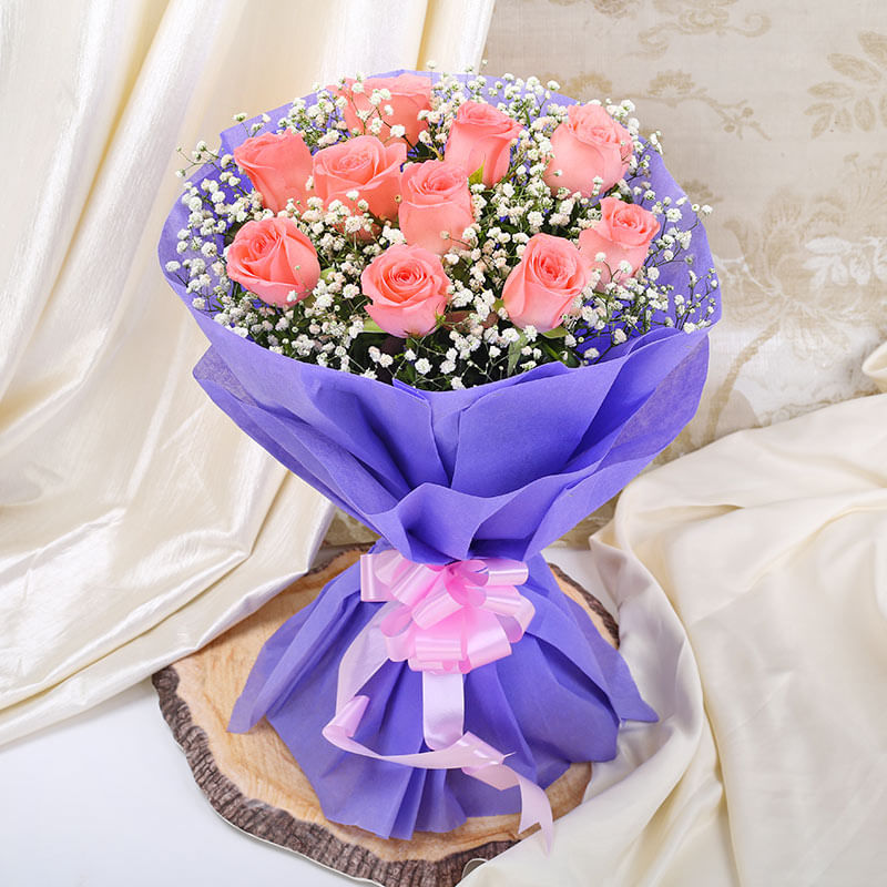 Bouquet of 10 Pink Roses in Purple Paper